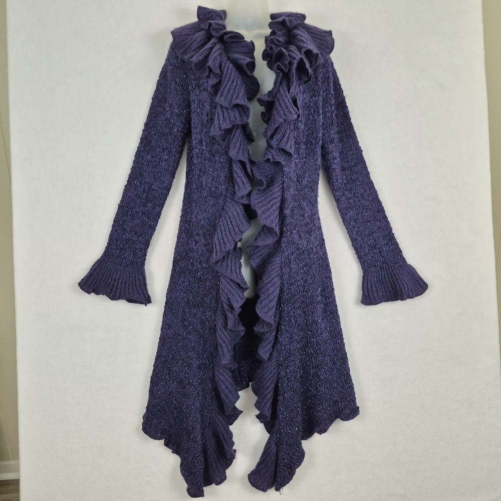 Vtg Y2k Purple Knit Cascading Ruffle Carrigan Duster Large Boho Whimsigoth